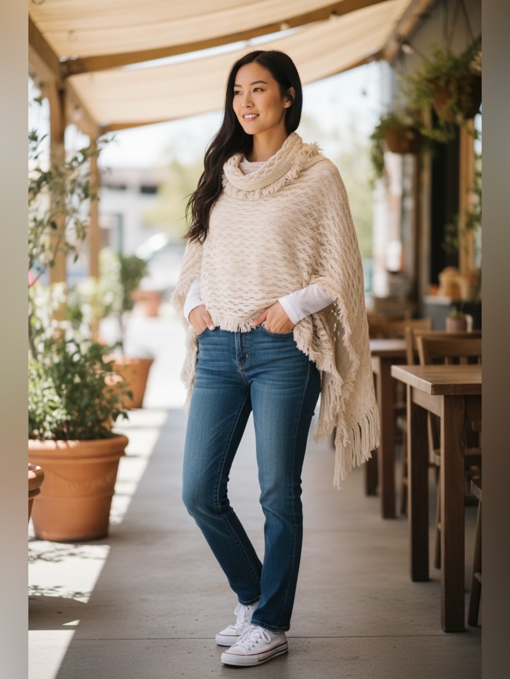 Cream Knit Fringe Poncho Shawl Wrap One Size